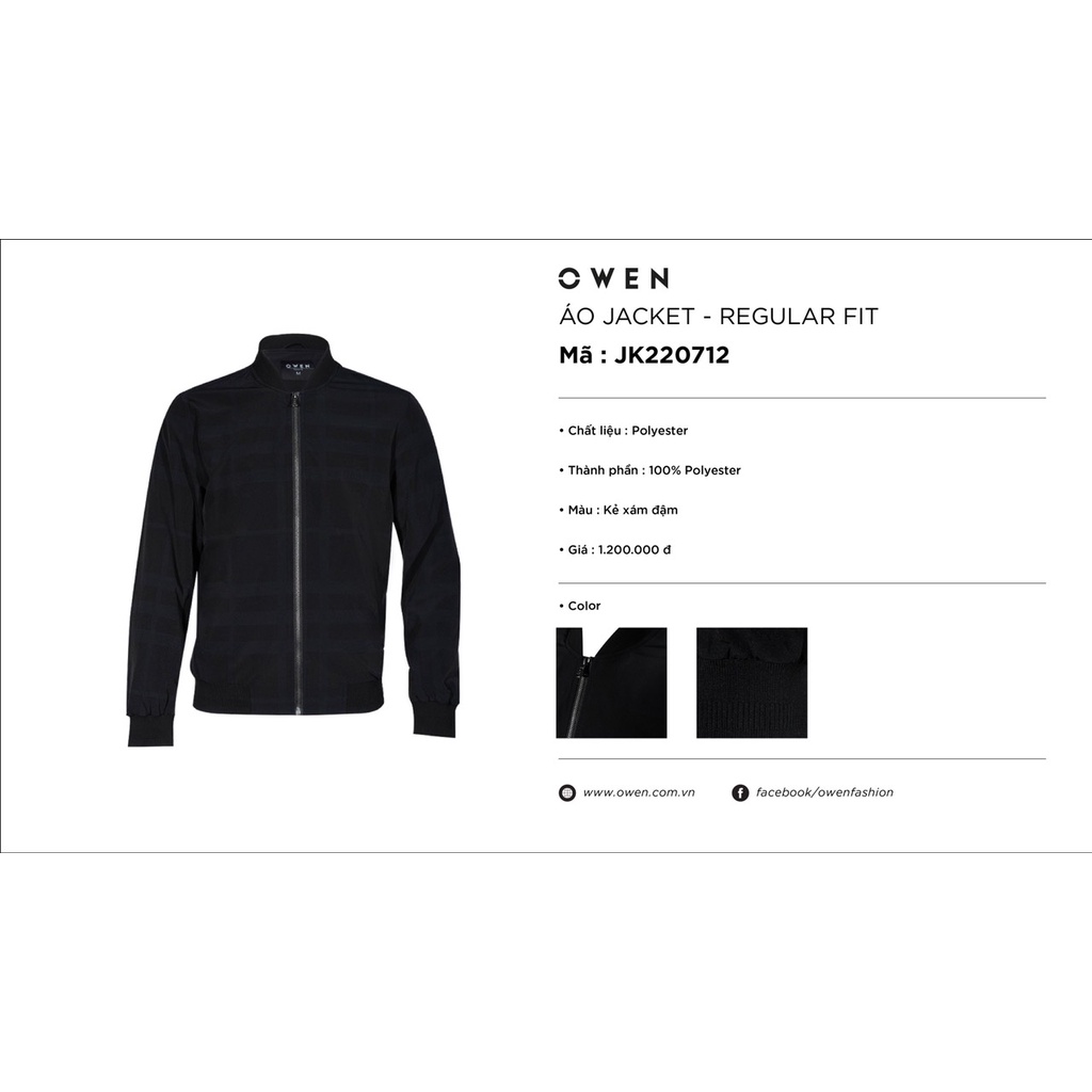 Áo Khoác Bomber Nam Owen JK220712 Jacket Dáng suông Bo Cổ Tay Và Gấu Màu Kẻ Xám Đậm Vải Polyester Cao Cấp