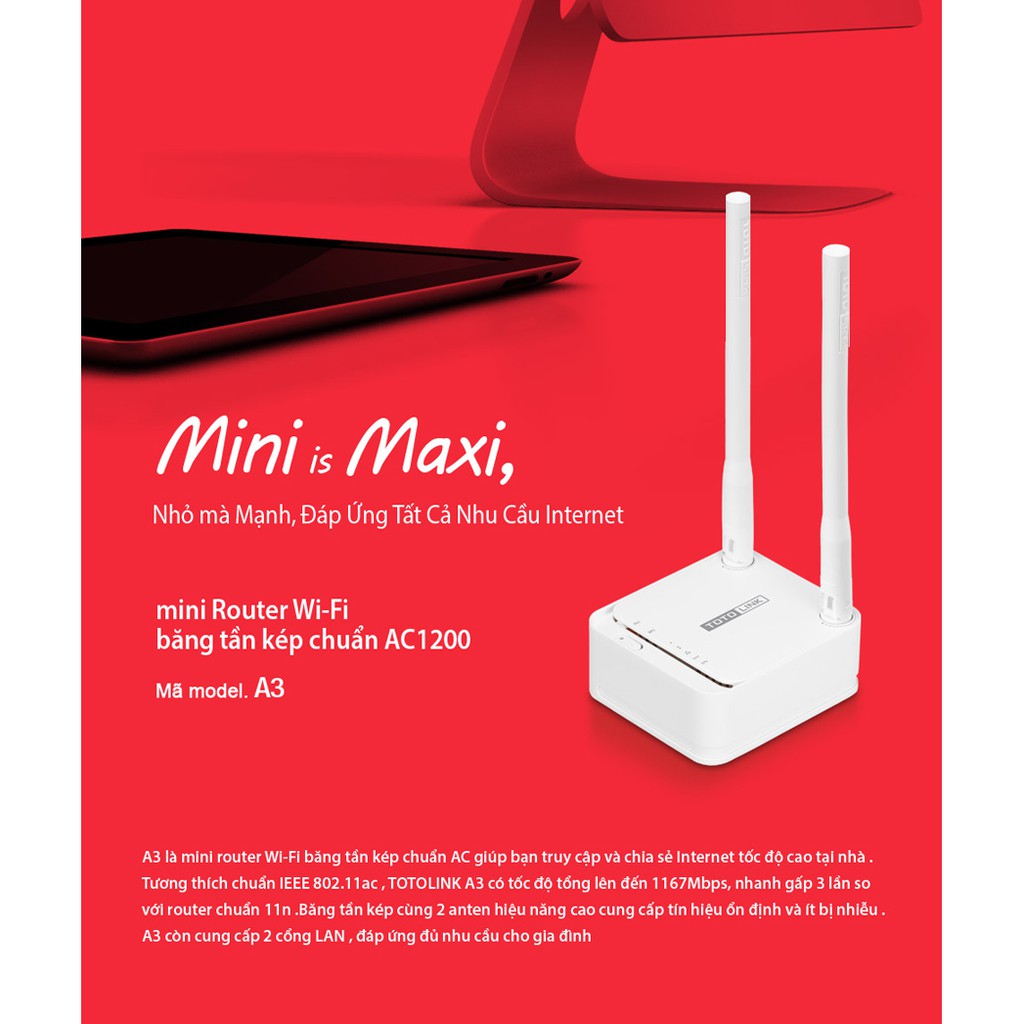 TOTOLINK  A3 Mini Router Wi-Fi băng tần kép chuẩn AC 1200Mbps Cục phát wifi Hãng phân phối chính thức