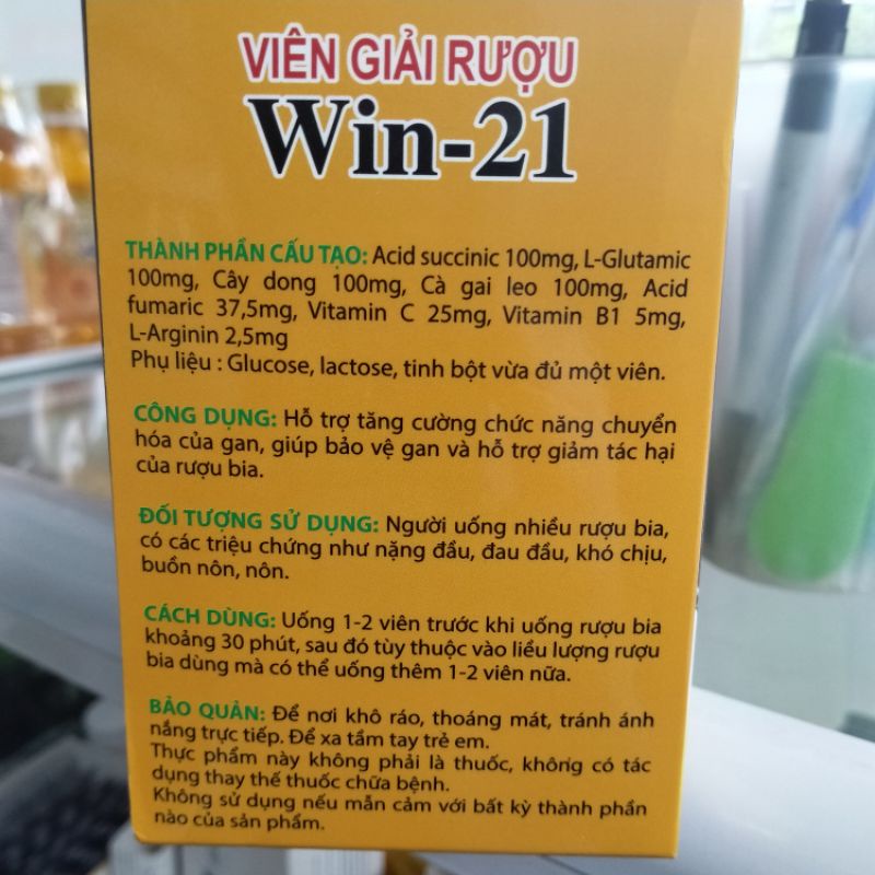 Viên giải rượu Win-21 USA hộp 4V, Uống 2 viên chống say trước khi uống rượu bia, Giúp giải rượu nhanh chóng giải độc gan