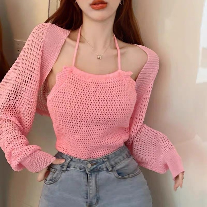 set len dệt kim - len lưới kiểu yếm &amp; choàng lửng (1580#)
