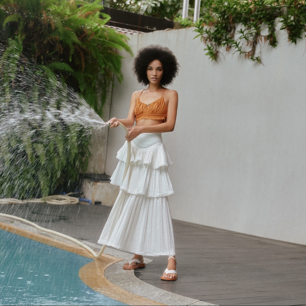 DEAR JOSÉ - Chân váy dài 3 tầng xếp ly Lilo vải linen trắng