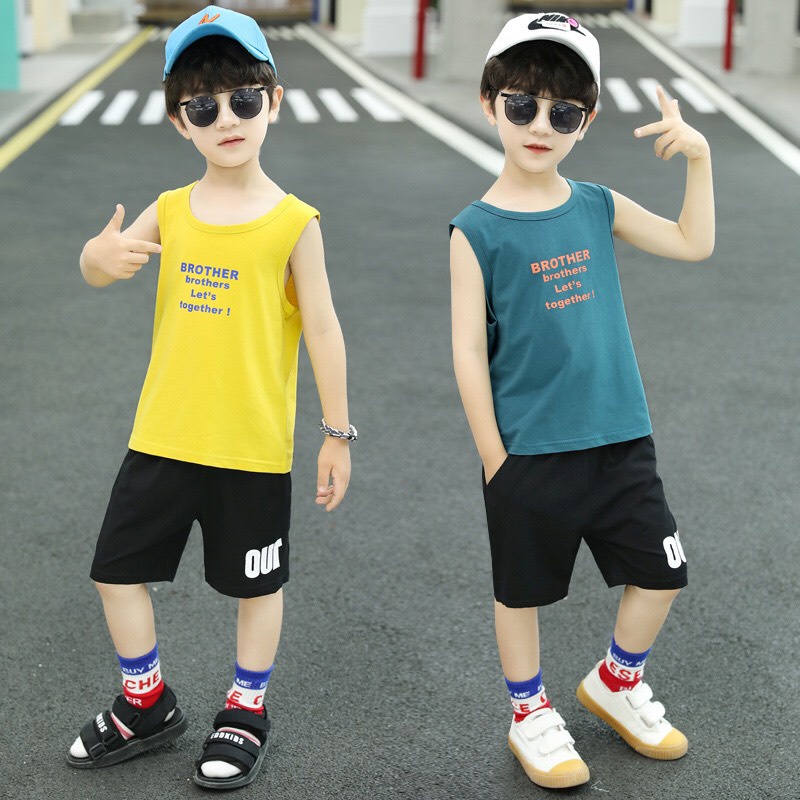 Bộ quần áo thun hè 3 lỗ "BRO HANDSOME" 14-45kg cho bé trai 4-14 tuổi. Thấm hút mồ hôi. B10