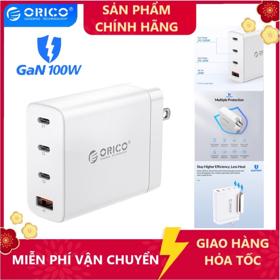 Adapter Cốc Sạc nhanh ORICO GAN 100W Orico 4 cổng - ORICO PQ1002UPRO / PV100- 1U3C Hàng chính hãng - GaN 100W