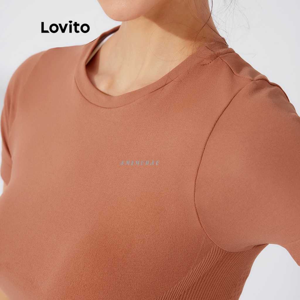 Áo thun thể thao Lovito in chữ ôm dáng tay ngắn L23AD009 (màu đen/ màu tím/ màu đỏ gỗ)