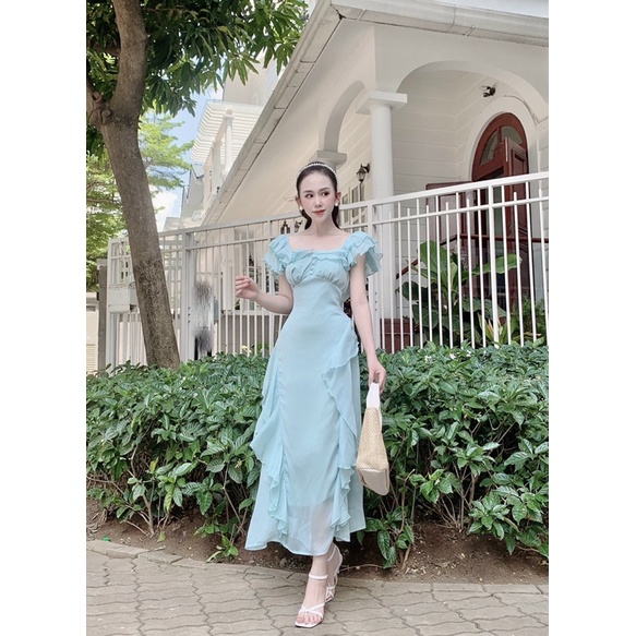 Đầm tơ cổ bèo vuông nút bọc cao cấp loại 1 | BigBuy360 - bigbuy360.vn