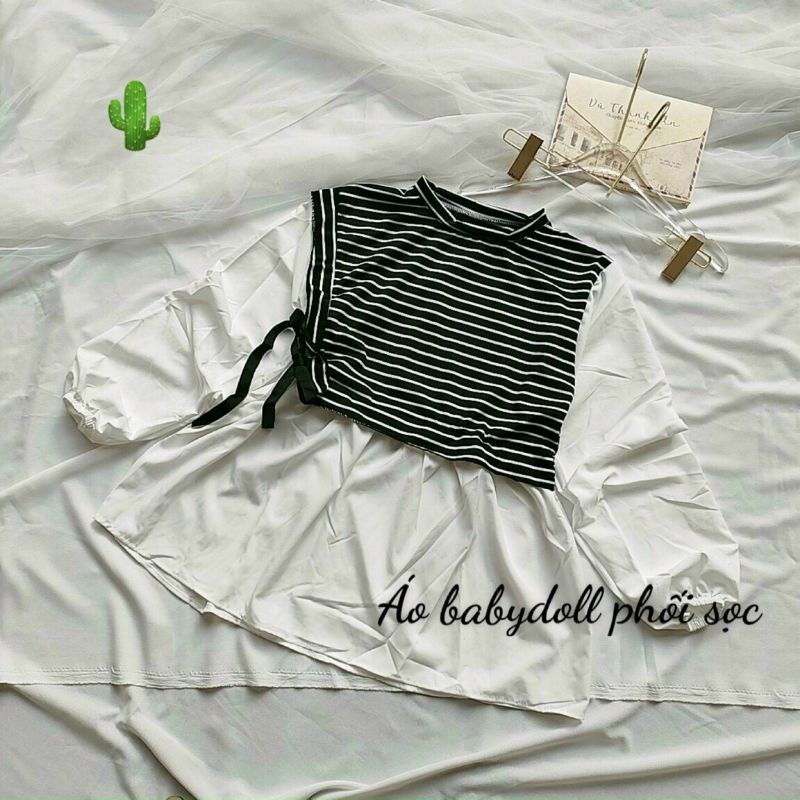 🅰️ Áo Babydoll kiểu sọc và kiểu trơn, cột nơ eo, Chất: thun phối voan, Size: <55kg