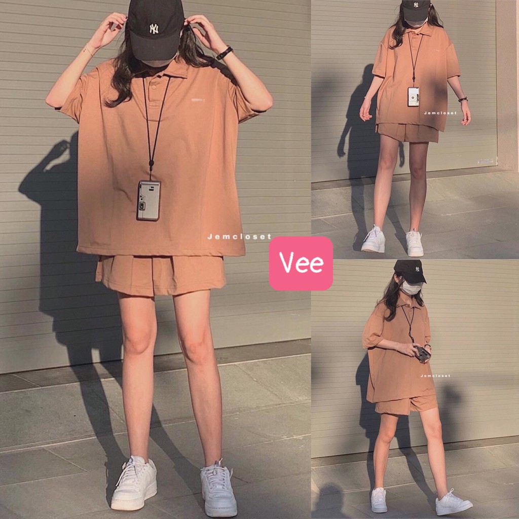 Set bộ quần áo thể thao nâu trơn ulzzang thời trang nam nữ/ Set áo thun tay lỡ form rộng kèm quần đùi ống suông_veestore