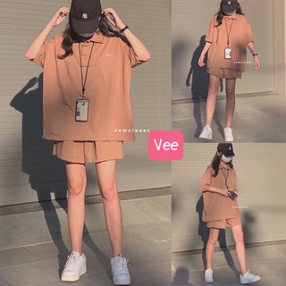 Set bộ quần áo thể thao nâu trơn ulzzang thời trang nam nữ/ Set áo thun tay lỡ form rộng kèm quần đùi ống suông_veestore