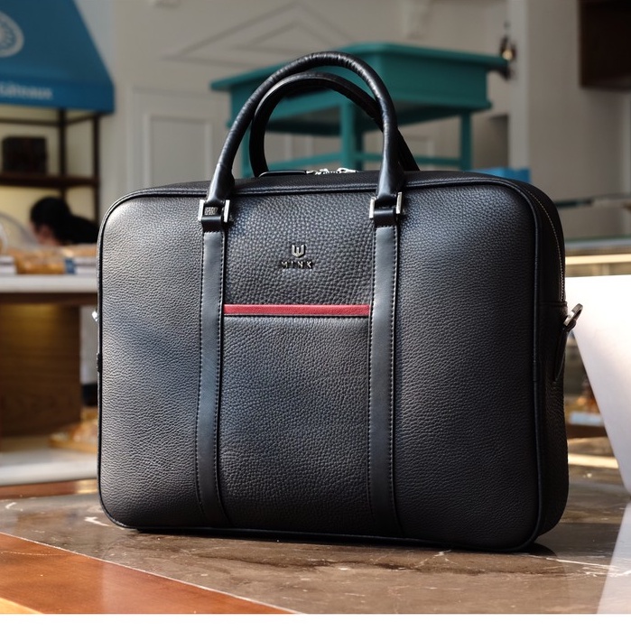 LEO briefcase-Cặp laptop nam da bò thật nguyên tấm lớp 1 cao cấp MINK Leather màu Đen IS85-10