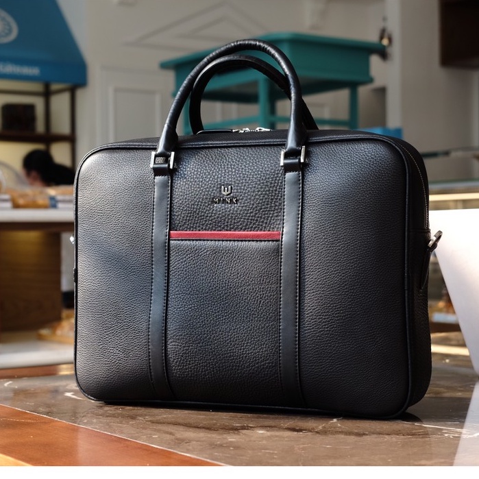 LEO briefcase-Cặp laptop nam da bò thật nguyên tấm lớp 1 cao cấp MINK Leather màu Đen IS85-10