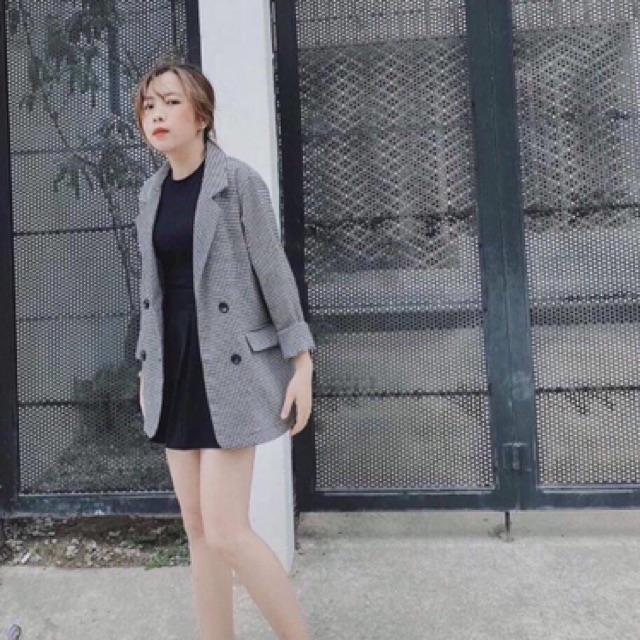 Áo vest kẻ đệm vai có cúc chất thô mềm