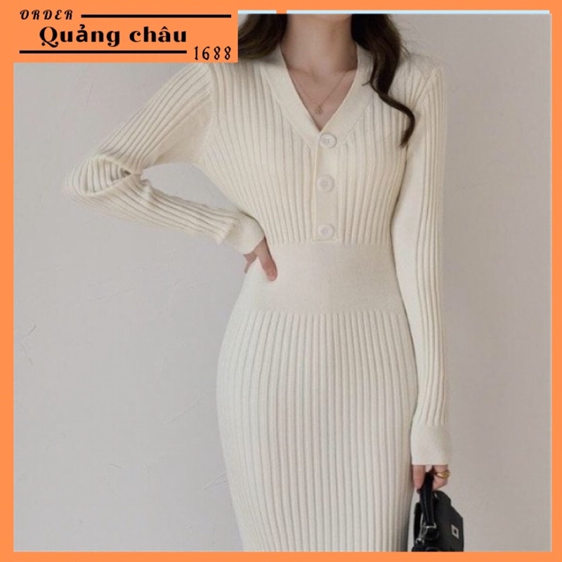 (CÓ SẴN) Đầm Váy Len Nữ Váy Body Dáng Dài Cổ Chữ V Phối Cúc Loại Đẹp