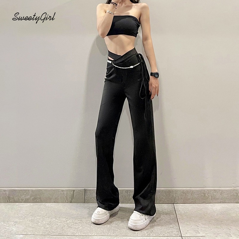 Quần dài ống loe lưng cao màu trơn thời trang cho nữ