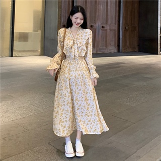 Đầm voan hoa tiểu thư dáng dài phối nơ cổ