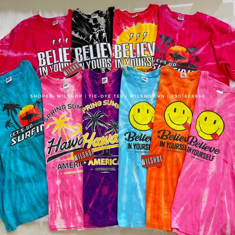 (OVERSIZE) ÁO NHUỘM TIE-DYE / ÁO MÀU LOANG: BELIEVE IN YOURSELF - HAWAII - SURFING (BRIGHT). ÁO THUN UNISEX THÁI LAN