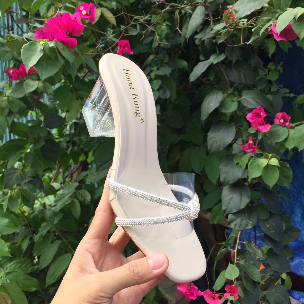 Dép cao gót nữ - Dép quai trong dây đá thắt nơ gót mika trong suốt cao 5p