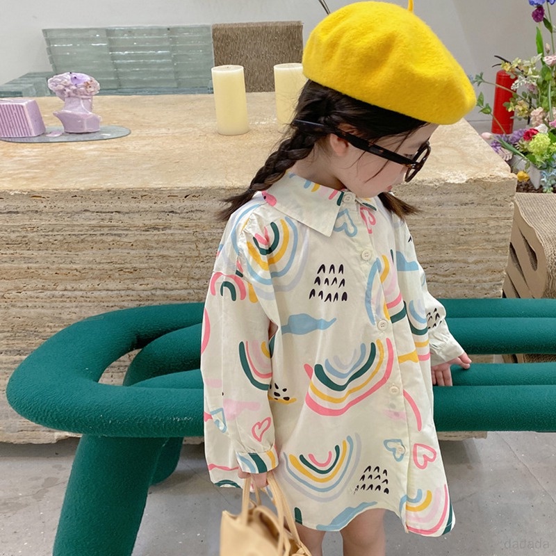 Đầm Tay Dài In Họa Tiết Cầu Vồng Thân Thiện Với Da Thoáng Khí Thời Trang Xuân Thu Cho Bé Gái