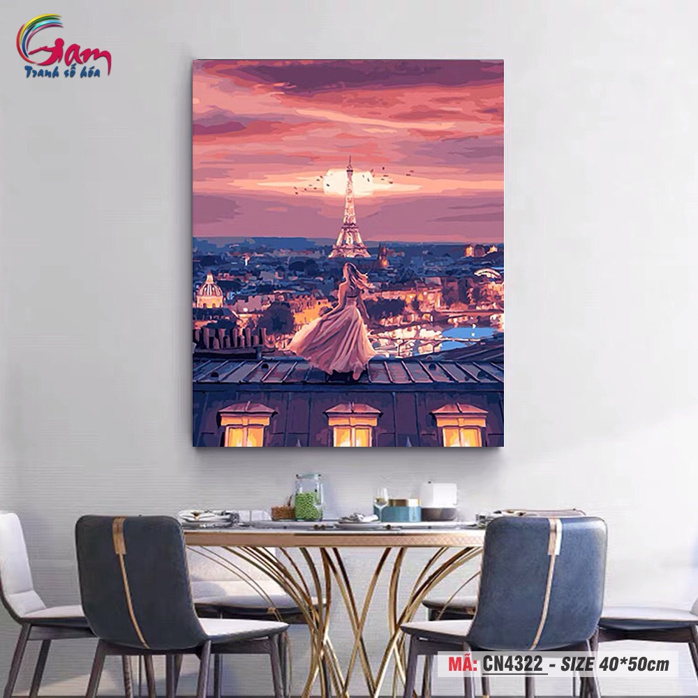 Tranh sơn dầu số hoá Gam cô gái và Paris căng khung 40x50cm CN4322