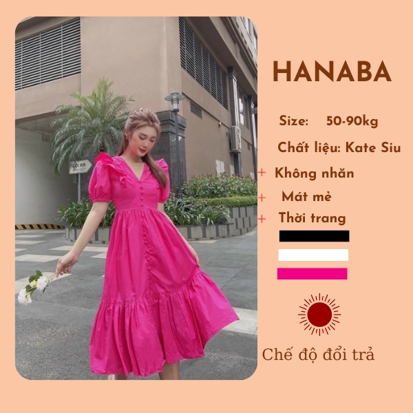 Đầm babydoll maxi bigsize váy trắng đi biền cổ bèo đính nút xẻ tà dáng dài màu trắng hồng đen hanaba