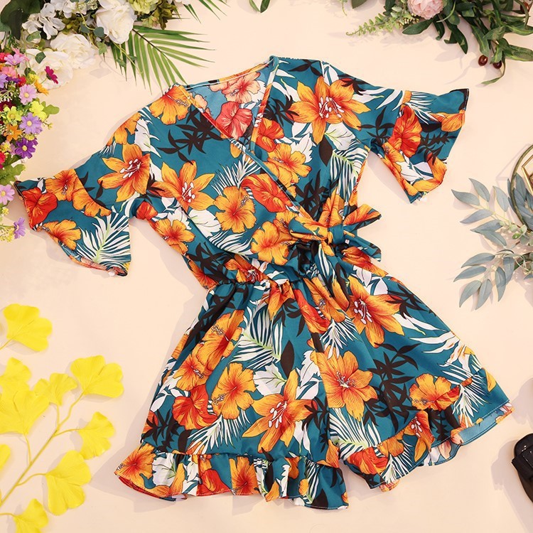 Jumpsuit Tay Ngắn Cổ Chữ V Hoạ Tiết Hoa Lá Nhiệt Đới - Nhiều màu hot (kèm ảnh shop tự chụp)