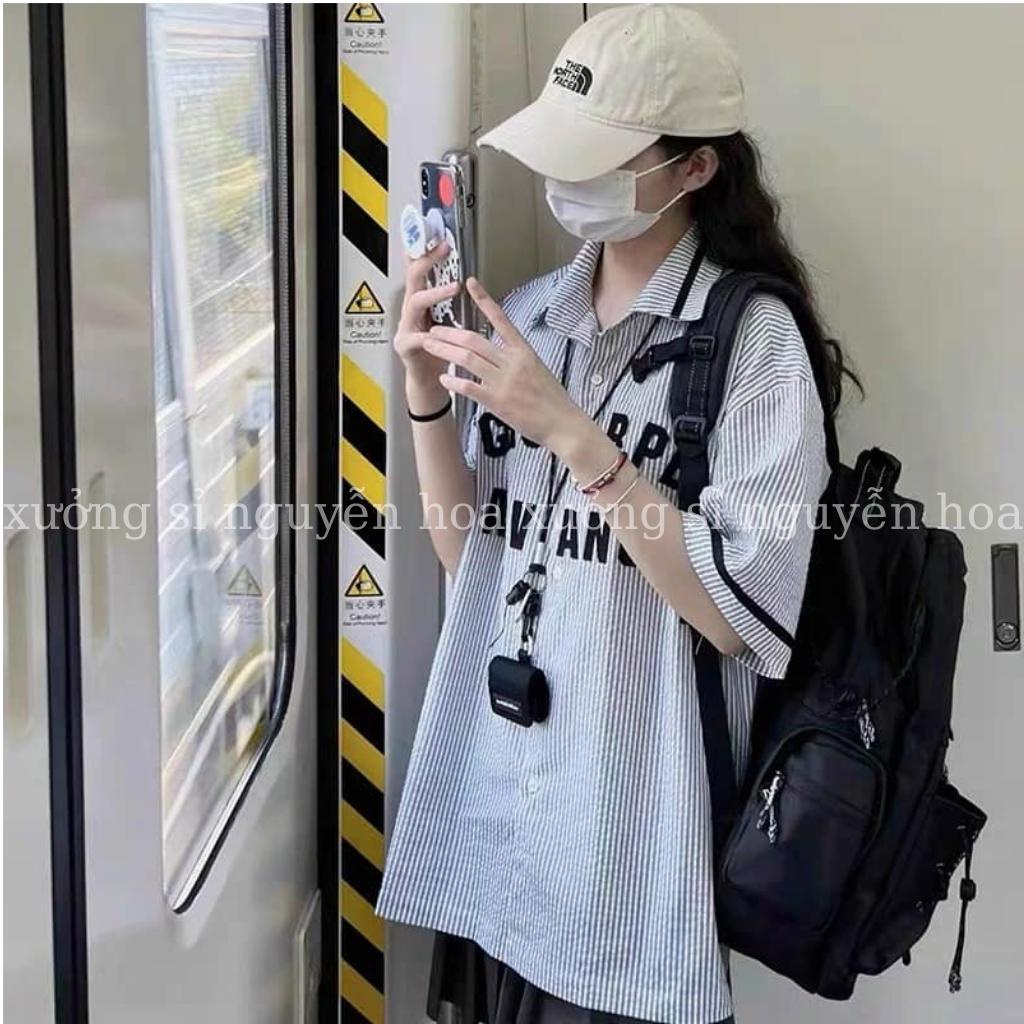 Áo sơ mi ngắn tay kẻ xanh in RPB dáng rộng unisex dành cho học sinh, sinh viên  xưởng sỉ nguyễn hoa