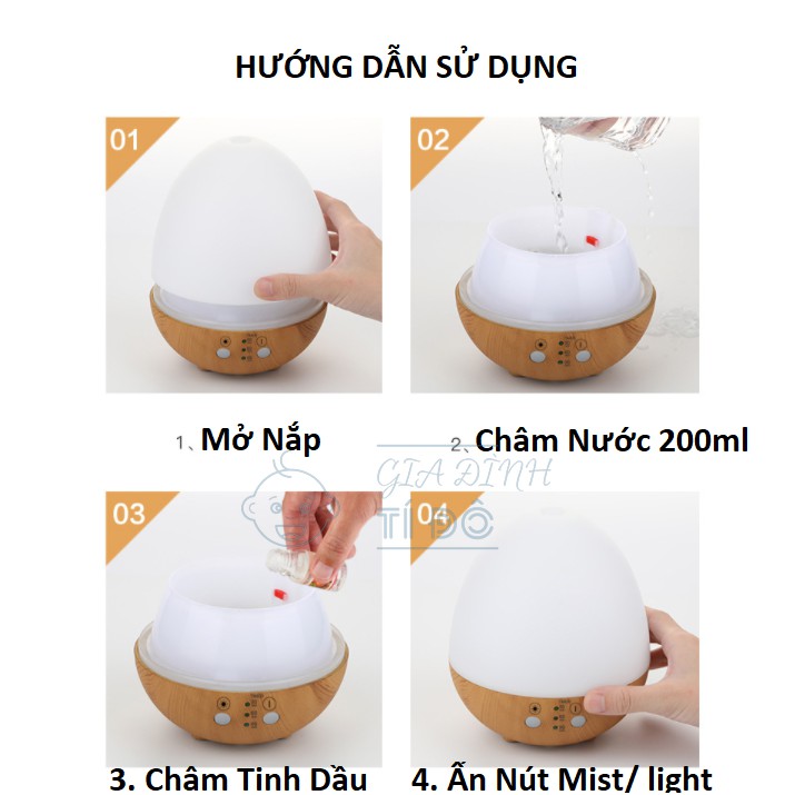 Máy Xông Tinh Dầu Hình Quả Trứng - Dung Tích 235ml - Có Đèn Led Đổi Màu