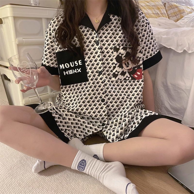Bộ quần áo ngắn tay phối màu in hoạt hình Mickey kẻ ô nghìn chú chim phong cách hè mặc nhà cho nữ