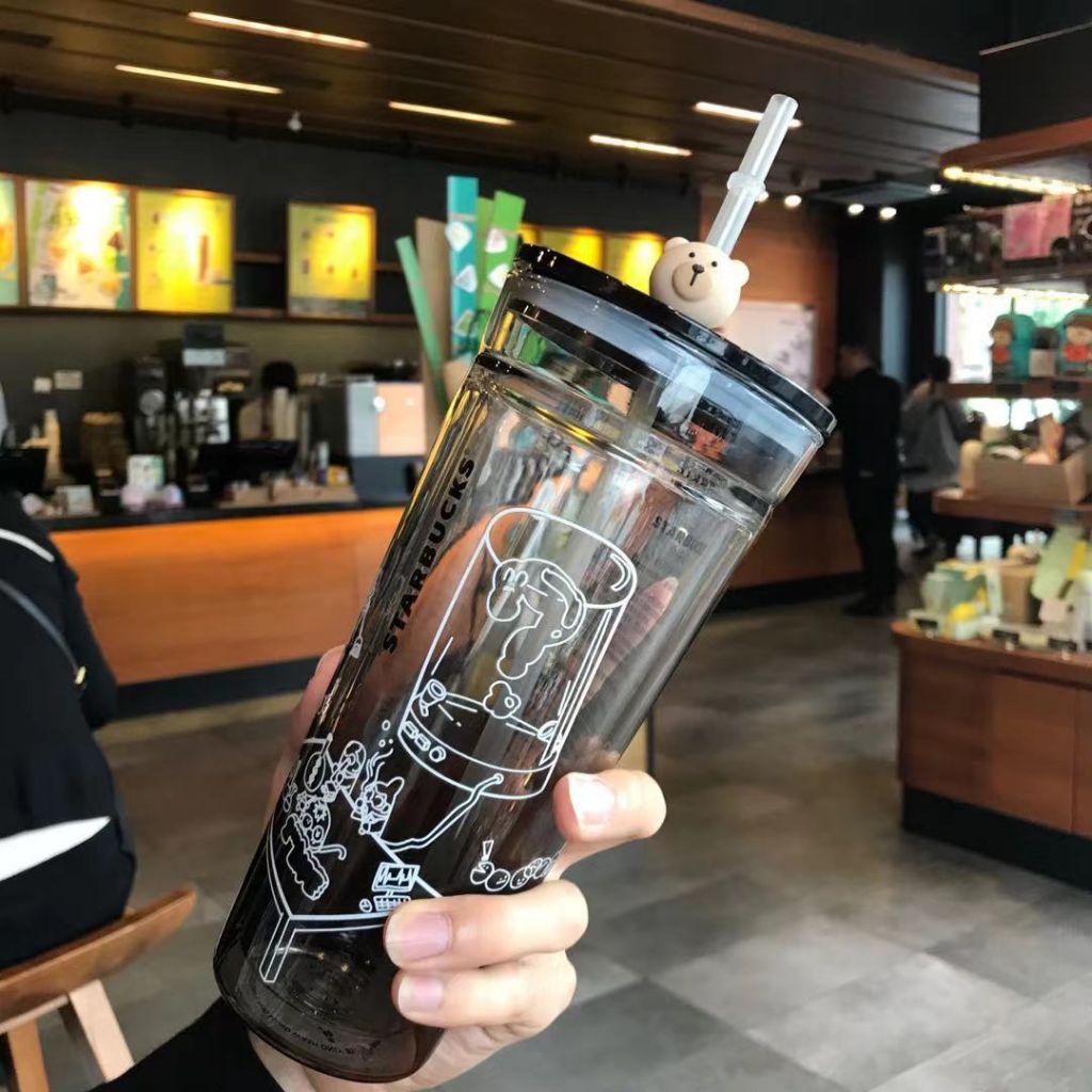 Cốc uống cà phê Starbucks có ống hút thiết kế 2 lớp bằng nhựa cổ điển dung tích lớn