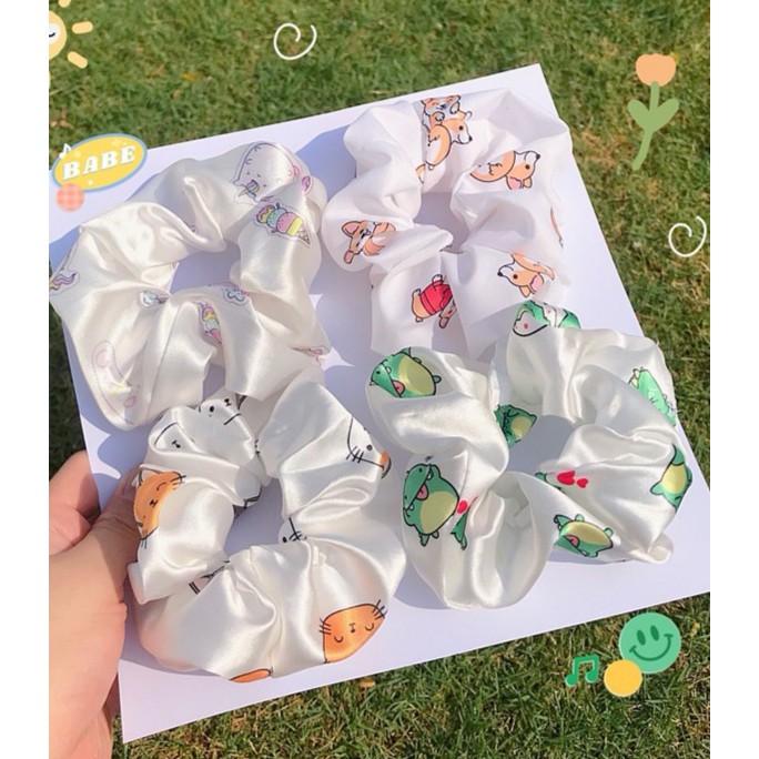 Dây cột tóc vải scrunchies bò sữa, đồ buộc tóc crunchies hình thú khủng long gấu mèo