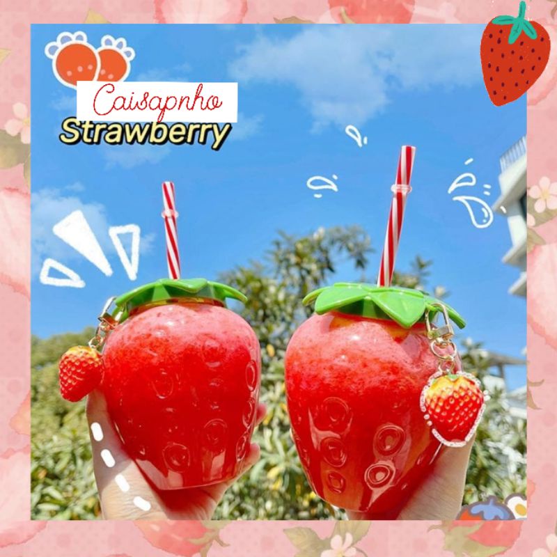 Ly nước hình quả dâu tây , Ly dâu tây 500ml có ống hút và móc khóa như hình