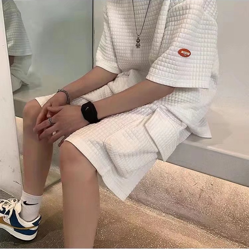 Bộ đồ thể thao 2 món áo tay ngắn + quần short màu trơn phong cách Hàn Quốc thời trang mùa hè cho nam