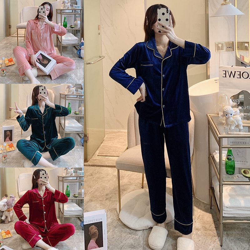 Mới Bộ Đồ Ngủ Tay Dài Vải Nhung Màu Trơn Phong Cách Hàn Quốc Cho Nữ