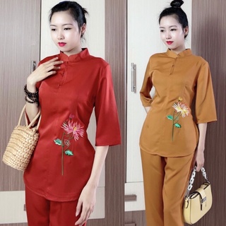 Đồ Lam Đi Chùa # Cổ Tàu Lụa Thêu Hoa Bỉ Ngạn# Đồ Bộ Nữ # Quần Áo