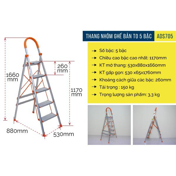 Thang ghế nhôm tay vịn bản to 5 bậc cao 1,66M ADVINDEQ ADS-705,Thang chữ A gia đình đa năng rút gọn ,Bảo hành 2 năm