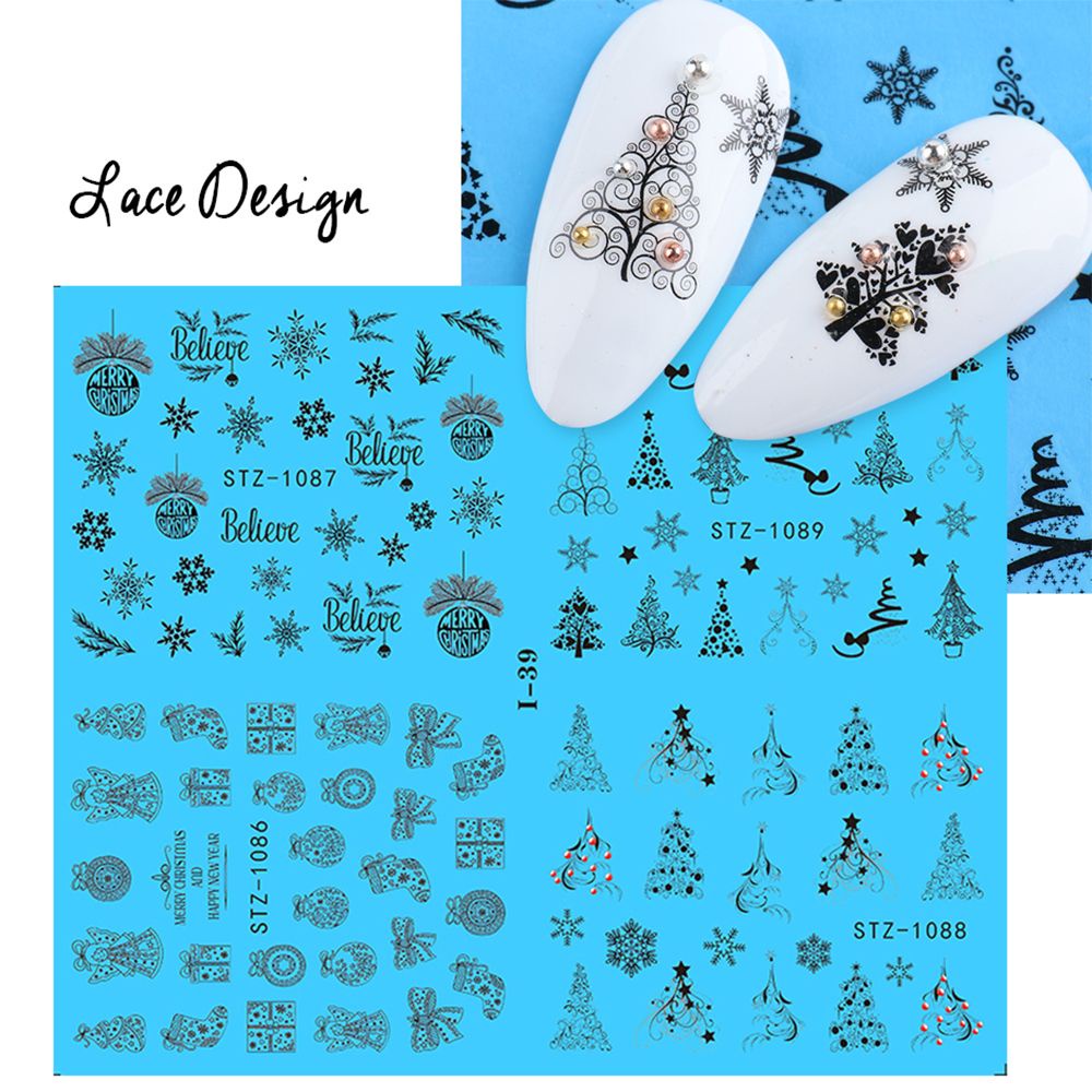 [Hàng mới về] Miếng dán trang trí móng chuyển nước họa tiết giáng sinh màu trắng đen 4 trong 1