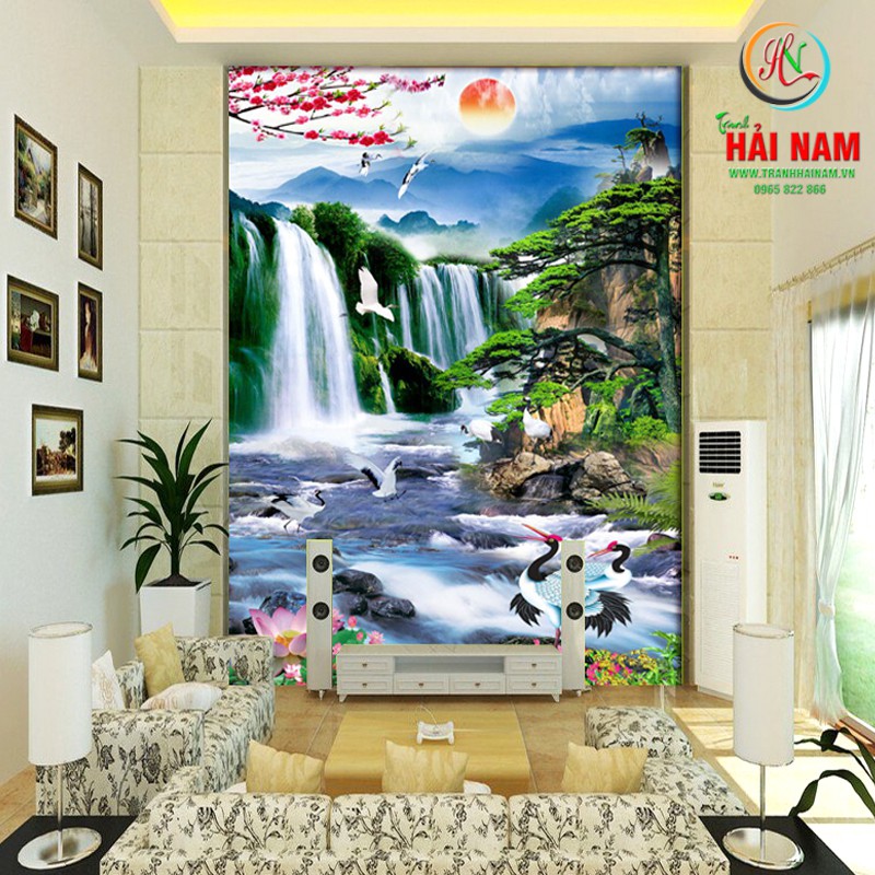 Tranh dán tường 3D phong thuỷ thác nước - vải lụa kim sa -Tranh Hải Nam