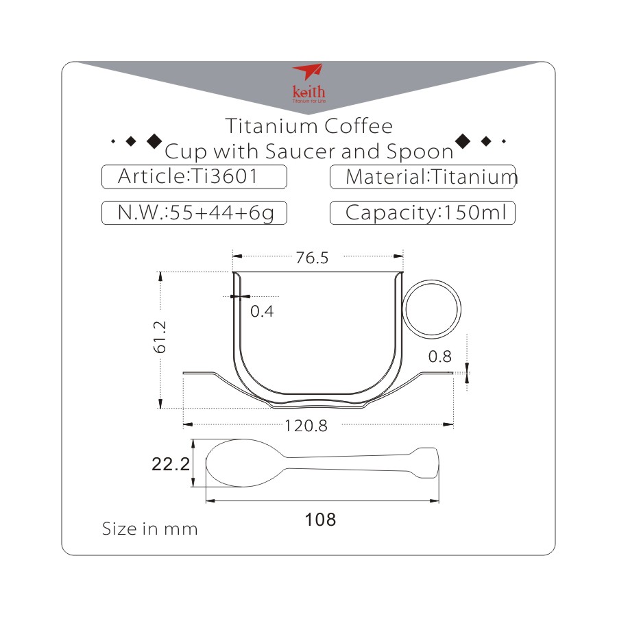 Bộ tách uống cà phê Titanium Keith Ti3601