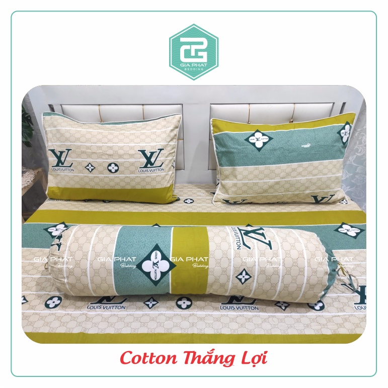 Bộ ga gối Thắng Lợi {4 món}100% Cotton chuẩn logo họa tiết LV