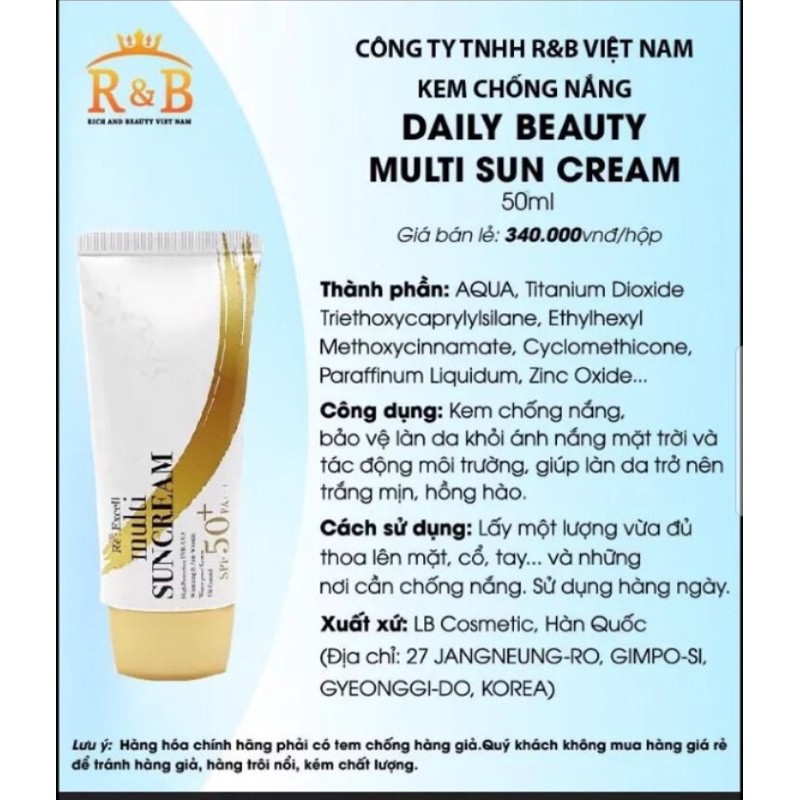 Kem chống nắng vật lí Multi Sun Cream SPF50+/PA+++ dưỡng trắng nâng tông da an toàn cho bà bầu