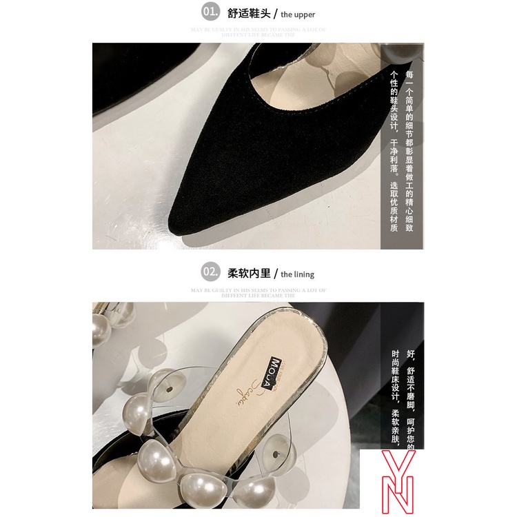 Giày Muller Cao Gót Mũi Nhọn Đính Ngọc Trai Nhân Tạo Màu Đen Thời Trang Mùa Hè Mới Cho Nữ 2021