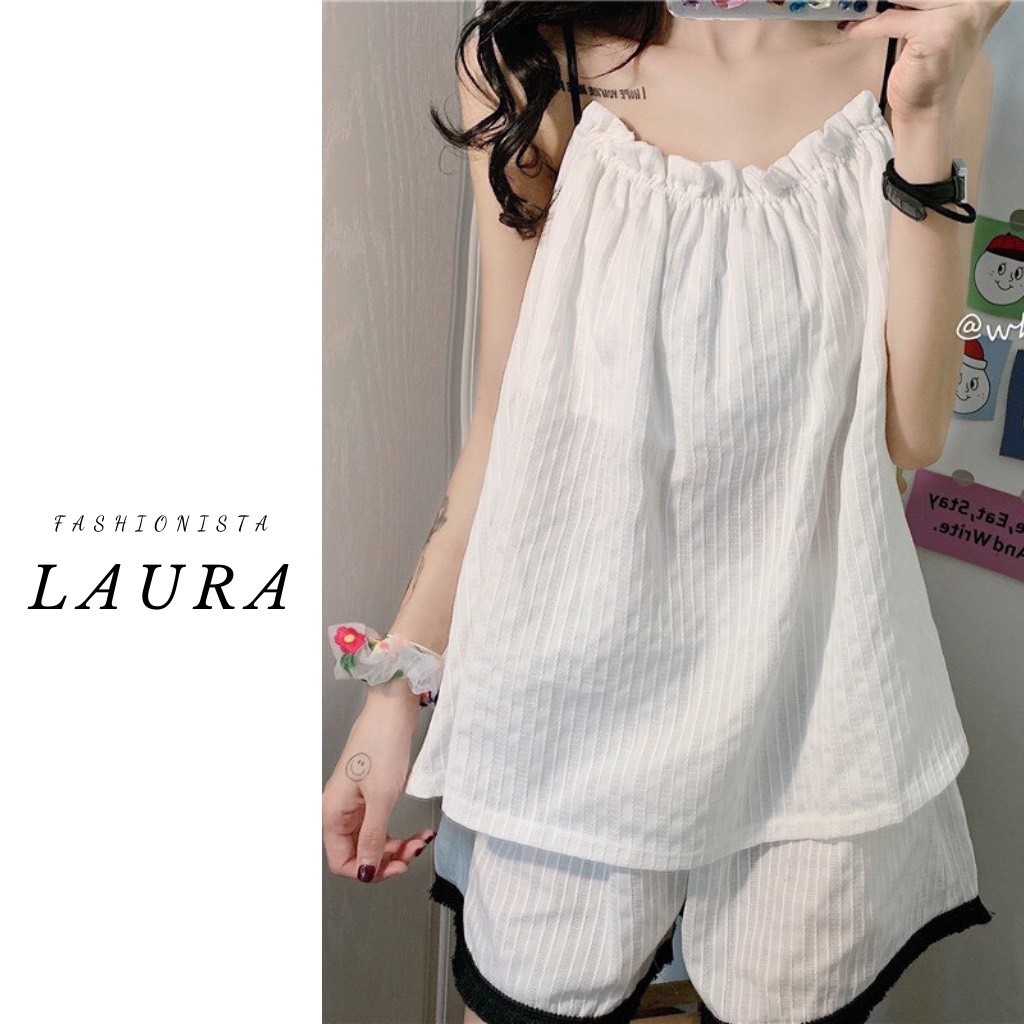 Bộ Ngủ Hai Dây Đũi Laura Boutique thoáng mát - Pijama đũi tiểu thư bánh bèo