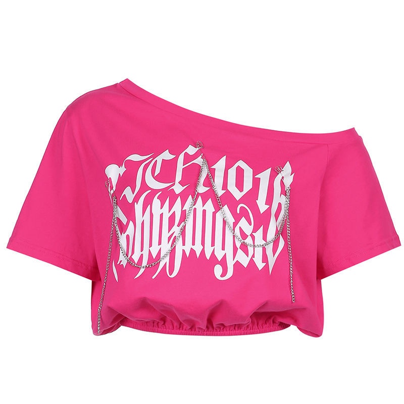 Áo thun COZOKC ngắn tay trễ vai dáng rộng phối dây xích thời trang gợi cảm