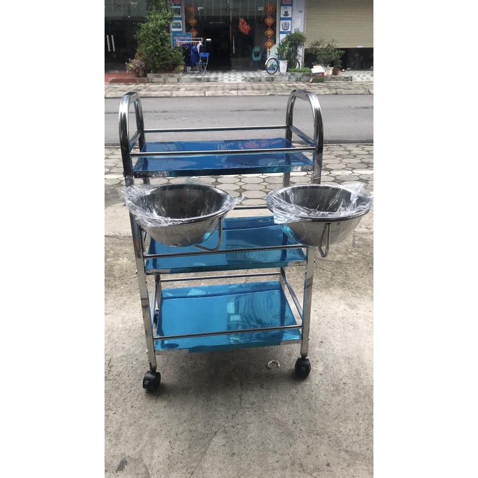 Xe đẩy inox spa 3 tầng có bát nước to dùng trong spa