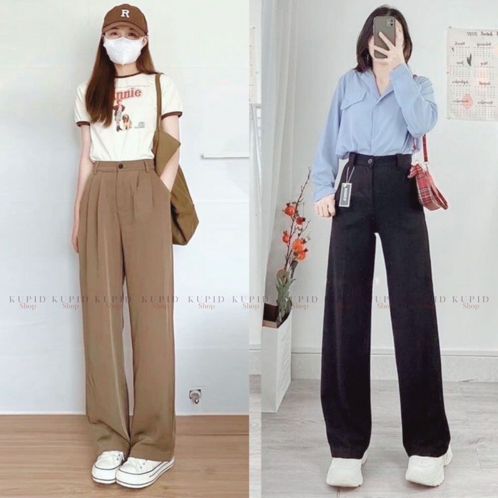 Quần ống rộng nữ dáng suông lưng cao hack dáng, vải tuyết mưa, chiều dài 100cm y ảnh mẫu mặc FREESHIP TẶNG QUÀ S990