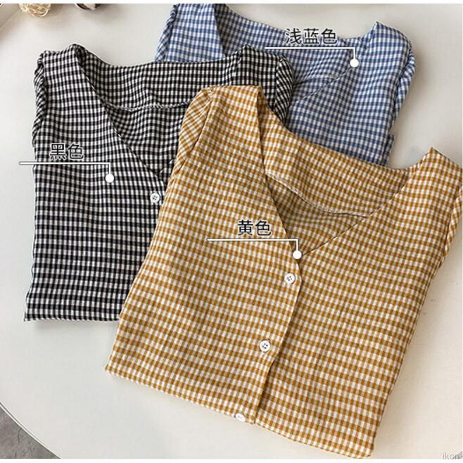 Áo sơ mi tay ngắn cổ V, họa tiết kẻ ca rô thanh lịch và duyên dáng cho nữ