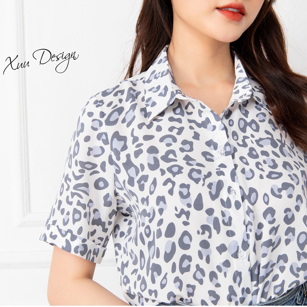 Áo sơ mi nữ họa tiết da báo XUU, kiểu dáng trẻ trung, chất liệu tơ - SK12