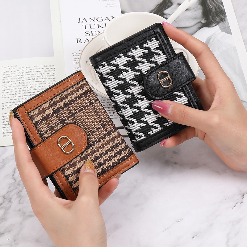 Ví đựng thẻ nhiều ngăn Houndstooth cầm tay mini ngắn gập nhỏ gọn đẹp thời trang dễ thương cao cấp da giá rẻ bỏ túi ví đựng tiền xu hàng chống từ tiện dụng hợp thời trang