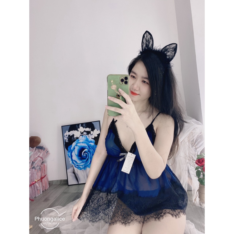 Đồ ngủ nữ hai dây, bộ ngủ sexy có mút ngực chất voan phối ren chéo lưng mặc ngủ- Phuongaliceshop