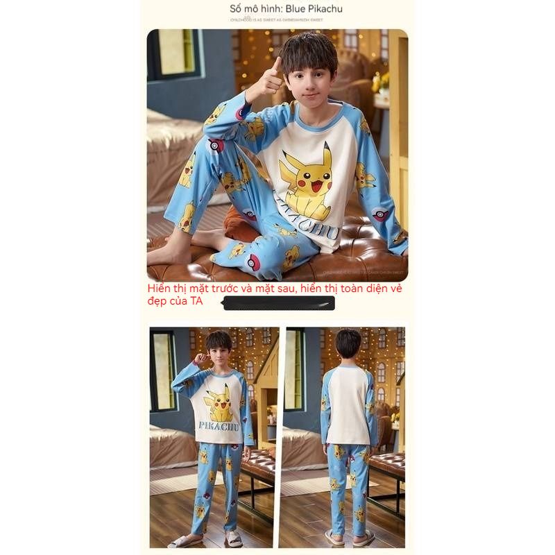 Pokemon kids Clothes  Pajamas Xiaozhi Pikachu Pajamas Summer Thin Long Sleeve Pants Cartoon Pajamas Children's Boys and Girls Indoor Home Pajamas Set Set Luffy Dinosaur Pajamas Two-piece Set