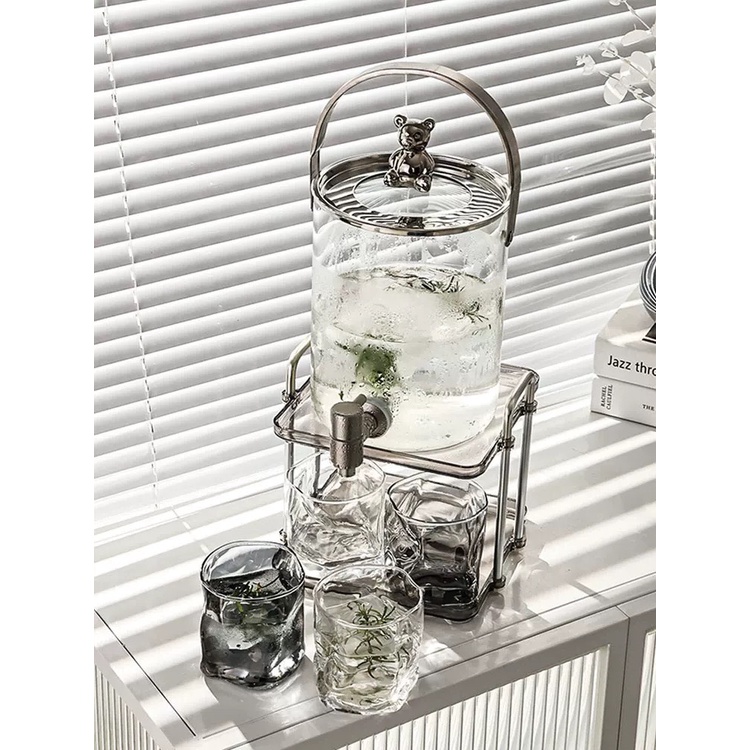 Bình nước Gấu thủy tinh có van đóng mở + 4 cốc xoắn - Bình nước chờ có vòi nhà hàng, khách sạn, cafe